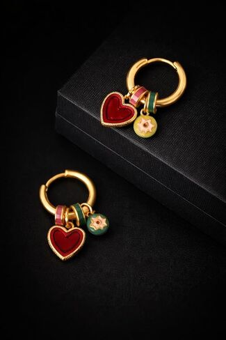 Heart Charm Hoop Earrings for Women, Gold Huggie Hoop with Red Heart and Colorful Enamel Charms, Unique Y2K Dangle Statement Jewelry, Copper Hypoallergenic Gift for Her in Saudi Arabia