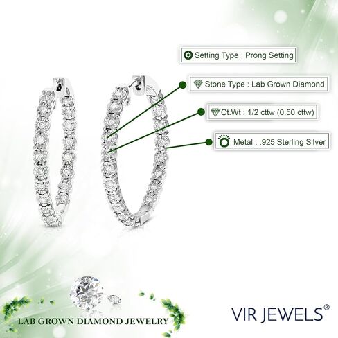 Vir Jewels 1/2 cttw Lab Grown Diamond Hoops أقراط من الفضة الاسترليني مع عمود مخفي in Kuwait