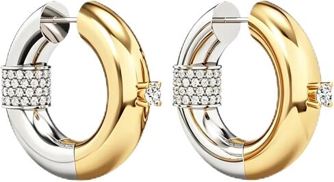 Chunky Gold Hoops Earrings Two Tone Mixed Metal 18K Gold Silver Zircon Stainless Steel Statement Non Tarnish Hoops for Women Men in Saudi Arabia
