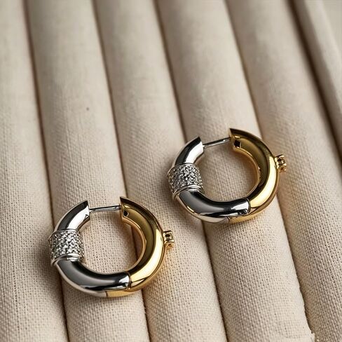 Chunky Gold Hoops Earrings Two Tone Mixed Metal 18K Gold Silver Zircon Stainless Steel Statement Non Tarnish Hoops for Women Men in Saudi Arabia