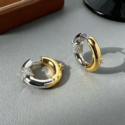 Chunky Gold Hoops Earrings Two Tone Mixed Metal 18K Gold Silver Zircon Stainless Steel Statement Non Tarnish Hoops for Women Men in Saudi Arabia