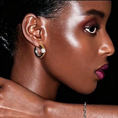 Chunky Gold Hoops Earrings Two Tone Mixed Metal 18K Gold Silver Zircon Stainless Steel Statement Non Tarnish Hoops for Women Men in Saudi Arabia