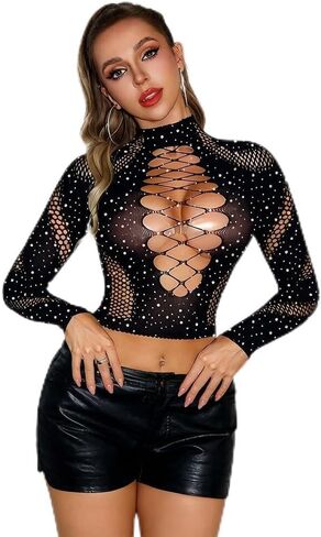 Blnboimrun Women's Black Rhinestone Mesh Bodycon Dress Sleeveless Clubwear Party Mini Dress with Cut-Out Details in Saudi Arabia