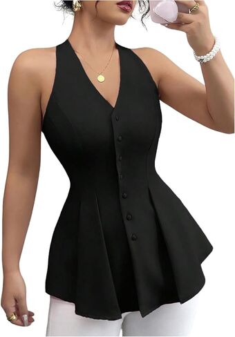 WDIRARA Women's Button Up Sleeveless Ruffle Hem Blouse Halter Neck Shirts Work Office Tank Tops in Kuwait