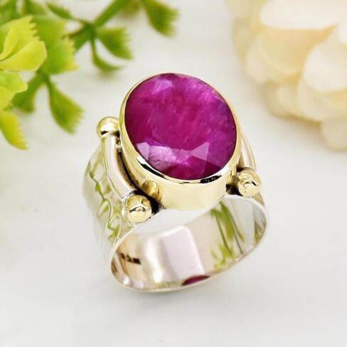 Vintage Red Copper Synthetic Zircon Silvery Bohemian Ring, Beaded Hammered Wide Band Two Tone Ring in Kuwait