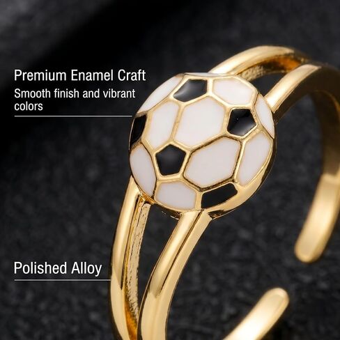 Soccer Ball Enamel Adjustable Open Ring, Gold Tone Metal, Hypoallergenic, Tarnish Resistant, Lightweight in Saudi Arabia
