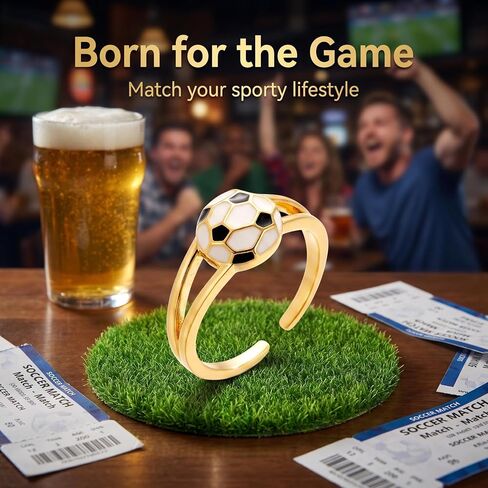 Soccer Ball Enamel Adjustable Open Ring, Gold Tone Metal, Hypoallergenic, Tarnish Resistant, Lightweight in Saudi Arabia