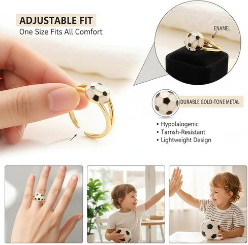 Soccer Ball Enamel Adjustable Open Ring, Gold Tone Metal, Hypoallergenic, Tarnish Resistant, Lightweight in Saudi Arabia