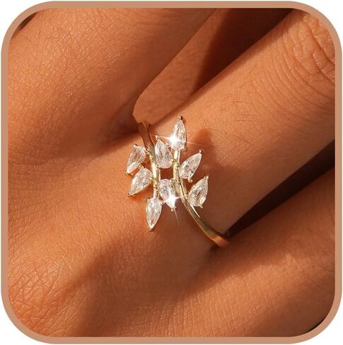 Leaf Ring for Women, 925 Sterling Silver Cubic Zirconia Crystal Branch Leaves Band Stacking Finger Ring to Daughter Mother 14K Gold Plated Shiny Diamond Leaf Rings for Birthday Wedding Jewelry Gifts in Saudi Arabia