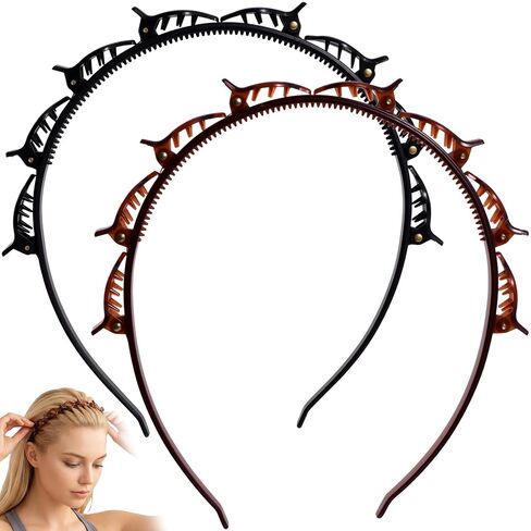 2 Pcs Headband Each with 8 Clips, 90s Butterfly Hair Clips Headband for Women with Teeth, Braided Weave Bangs Clip Non-Slip Hair Bands Accessories for DIY styling Decoration- Black, Brown in Saudi Arabia