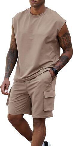 Opomelo Men's 2 Piece Short Set Summer Casual Tracksuit – Sleeveless Muscle Fit T Shirt and Shorts Outfit for Gym Workout in Saudi Arabia