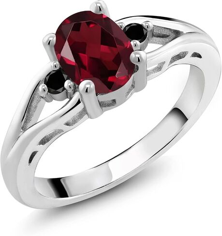 Gemstone Birthstone and Black Diamond 3-Stone Engagement Ring for Women in 925 Sterling Silver | Oval 8X6MM and Round 2MM | Elegant Three-Stone Wedding Anniversary Promise Ring | Sizes 5-9 in Saudi Arabia