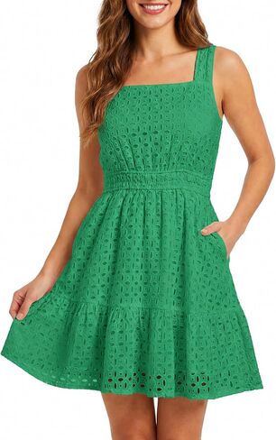 ZENUTA Summer Dress for Women Square Neck Eyelet Sleeveless Smocked Waist A-Line with Pockets Casual Cotton Beach Midi Dress in Kuwait