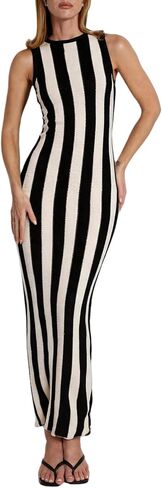 Milumia Women's Striped Knit Maxi Tank Dress Crew Neck Sleeveless Long Bodycon Dresses in Kuwait