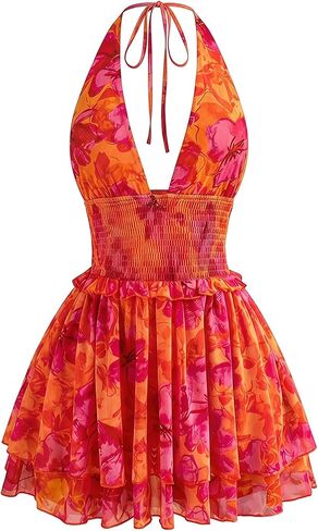 BEAUDRM Women's Floral Halter Mini Dress Boho Ruffle Layered Tie Backless Sleeveless Summer Vacation Sundress in Saudi Arabia