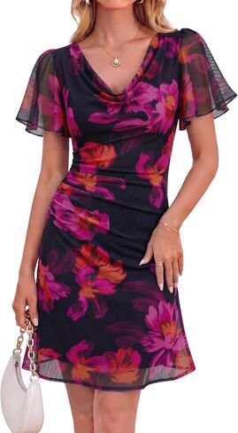 Womens Summer Cowl Neck Floral Bodycon Ruffle Sleeve Ruched Mesh Wedding Guest Cocktail Party Dresses in Saudi Arabia