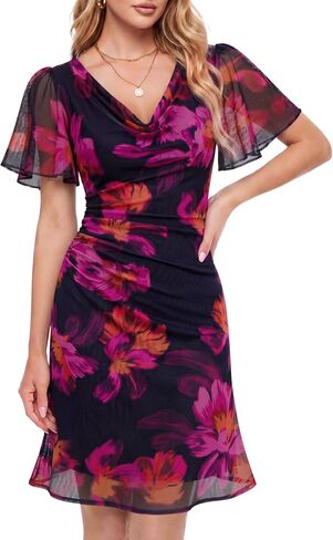 Womens Summer Cowl Neck Floral Bodycon Ruffle Sleeve Ruched Mesh Wedding Guest Cocktail Party Dresses in Saudi Arabia