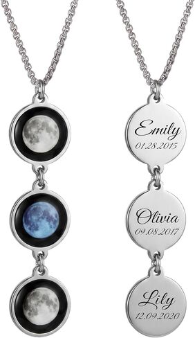 Custom Birth Moon Phase Necklace Jewelry with Gift Box; Glow in the Dark Lunar Pendant for Special Date or Birthday; Personalized 1-4 Charms Necklace; Engraved Date Gift for Mom Wife in Saudi Arabia