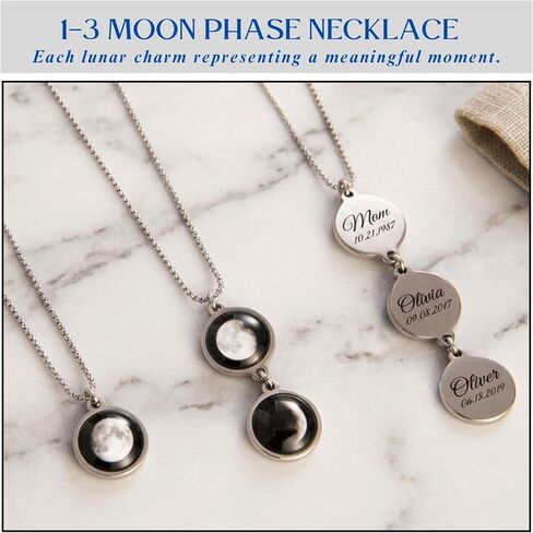 Custom Birth Moon Phase Necklace Jewelry with Gift Box; Glow in the Dark Lunar Pendant for Special Date or Birthday; Personalized 1-4 Charms Necklace; Engraved Date Gift for Mom Wife in Saudi Arabia