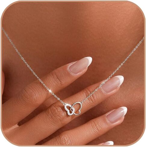 14K Gold Plated Dainty Butterfly Heart Necklace for Women, 925 Sterling Silver Double Heart Interlocking Pendant Necklace to Daughter Mother Hypoallergenic Graduation Necklace Wedding Gifts in Saudi Arabia