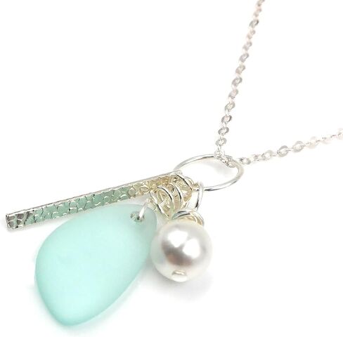 Charm Necklace on 18 inch Sterling Silver Chain, with Sterling Silver Bar and Crystal Pearl Charms in Saudi Arabia