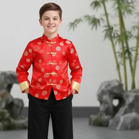 Shinymoon Boy Tang Suit Set الصينية التقليدية القماش التنين النحاس عملة السنة الصينية الجديدة الزي تانغ معطف للأولاد in Kuwait