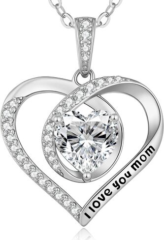 ANDSO 2 Carat Moissanite Eternal Heart Necklace for Mom, 925 Sterling Silver Plated Rhodium/Rose Gold, Engraved I Love Mom, Ideal Aniversary Birthday Jewelry Gifts for Woman Her in Kuwait
