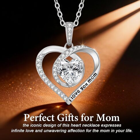 ANDSO 2 Carat Moissanite Eternal Heart Necklace for Mom, 925 Sterling Silver Plated Rhodium/Rose Gold, Engraved I Love Mom, Ideal Aniversary Birthday Jewelry Gifts for Woman Her in Saudi Arabia