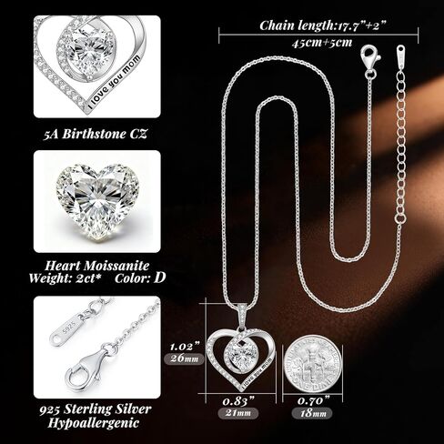 ANDSO 2 Carat Moissanite Eternal Heart Necklace for Mom, 925 Sterling Silver Plated Rhodium/Rose Gold, Engraved I Love Mom, Ideal Aniversary Birthday Jewelry Gifts for Woman Her in Saudi Arabia