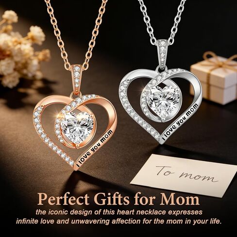 ANDSO 2 Carat Moissanite Eternal Heart Necklace for Mom, 925 Sterling Silver Plated Rhodium/Rose Gold, Engraved I Love Mom, Ideal Aniversary Birthday Jewelry Gifts for Woman Her in Saudi Arabia