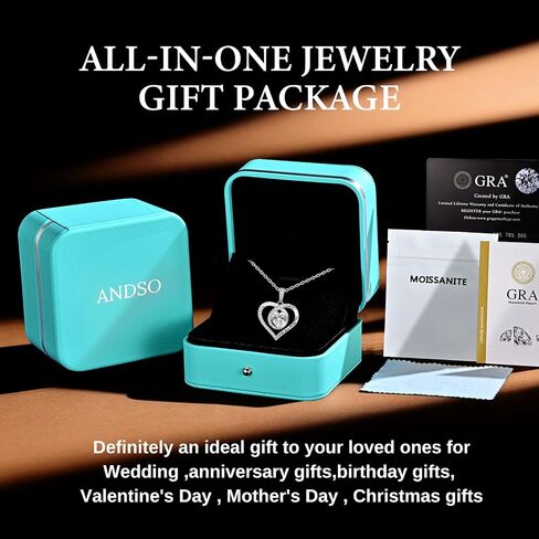 ANDSO 2 Carat Moissanite Eternal Heart Necklace for Mom, 925 Sterling Silver Plated Rhodium/Rose Gold, Engraved I Love Mom, Ideal Aniversary Birthday Jewelry Gifts for Woman Her in Saudi Arabia