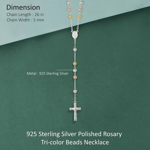 Diamond2Deal Sterling Silver Polished Rosary Tri-color Beads Necklace in Saudi Arabia