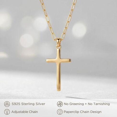NORBU S925 Cross Necklace for Women, 18K Gold Plated Womens Cross Necklaces with Paperclip Chain, Sterling Silver Cross Pendant Dainty Christian Jewelry Catholic Religious Gift for Her in Saudi Arabia