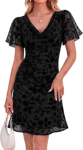 Womens Summer Cowl Neck Floral Bodycon Ruffle Sleeve Ruched Mesh Wedding Guest Cocktail Party Dresses in Saudi Arabia