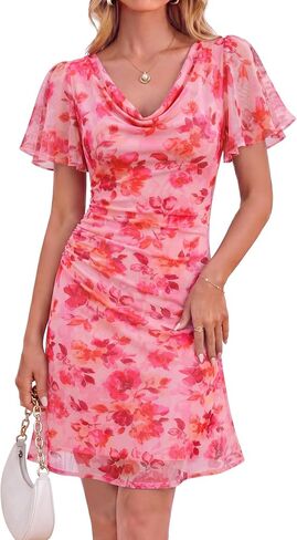 Womens Summer Cowl Neck Floral Bodycon Ruffle Sleeve Ruched Mesh Wedding Guest Cocktail Party Dresses in Saudi Arabia
