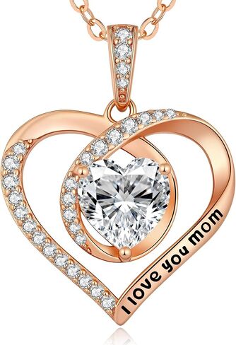 ANDSO 2 Carat Moissanite Eternal Heart Necklace for Mom, 925 Sterling Silver Plated Rhodium/Rose Gold, Engraved I Love Mom, Ideal Aniversary Birthday Jewelry Gifts for Woman Her in Saudi Arabia
