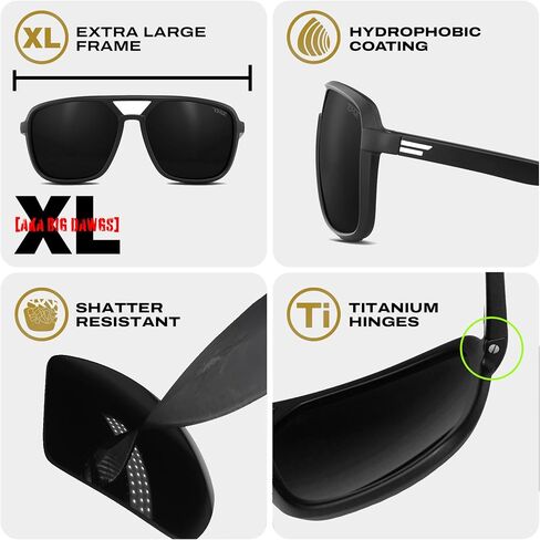TOROE XL-NASH Aviator Sunglasses Polarized TR90 Wide Fit Super Dark C4 C3 UV400 Lightweight Matte Black in Saudi Arabia