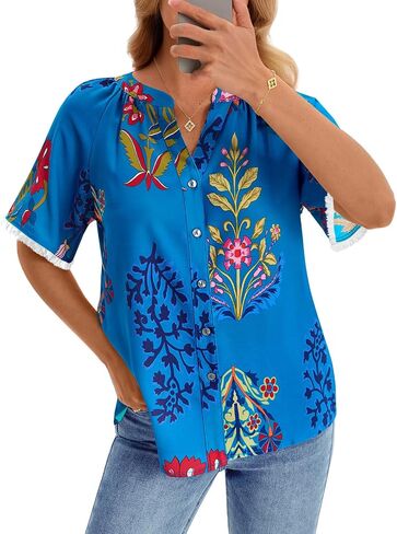 Yousify Button Down Shirts for Women Short Sleeve Boho Tops V Neck Dressy Blouses Summer Casual Outfits in Kuwait