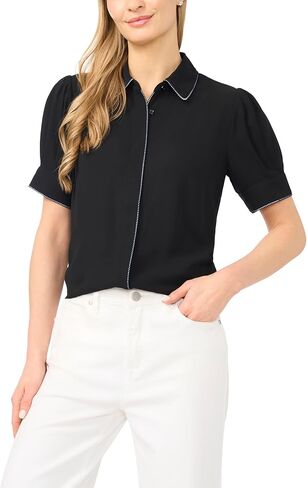 CeCe Women's Collared Contrast Stitch Trim Button Up Blouse in Kuwait