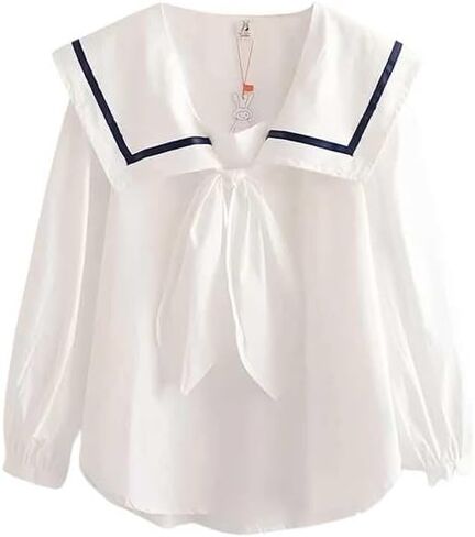 Sailor Shirt Women – Nautical Outfit Long Sleeve Blouse with Collar Bow Tie, Japanese Apparel Cute Kawaii Tops in Saudi Arabia