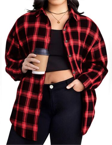 BLANCHES Plus Size Flannel Shirts for Women Lightweight Plaid Shirt Button Down Blouses Casual Boyfriend Shacket in Saudi Arabia