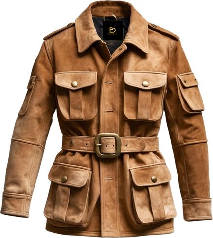 Classic Multi Pocket Belted Suede Safari Jacket Men Button Flap Pockets Epaulets Ideal Outdoor Urban Style in Saudi Arabia