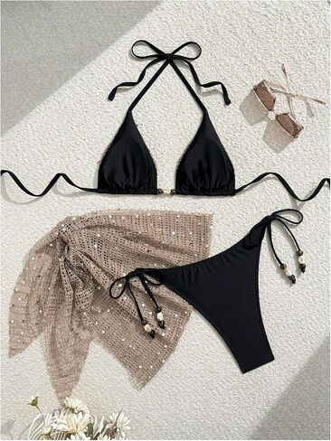 WDIRARA Women's 3 Piece Swimsuit Sparkly Sequin Triangle Halter Bikini Sets with Cover Up Skirt in Kuwait
