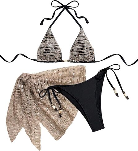 WDIRARA Women's 3 Piece Swimsuit Sparkly Sequin Triangle Halter Bikini Sets with Cover Up Skirt in Kuwait