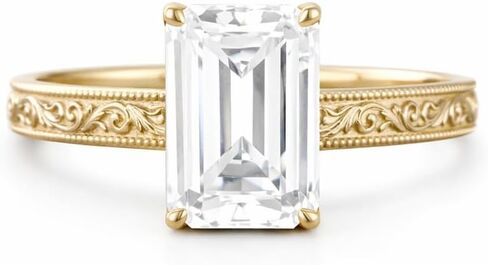 Vintage Emerald Cut Engagement Ring for Women 18K Yellow Gold Hand Engraved Floral Wedding Band Art Deco Moissanite Solitaire with Milgrain Detailing Antique Style Anniversary Jewelry Gift in Kuwait