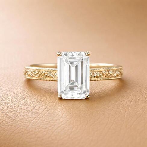 Vintage Emerald Cut Engagement Ring for Women 18K Yellow Gold Hand Engraved Floral Wedding Band Art Deco Moissanite Solitaire with Milgrain Detailing Antique Style Anniversary Jewelry Gift in Kuwait
