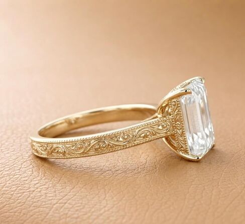 Vintage Emerald Cut Engagement Ring for Women 18K Yellow Gold Hand Engraved Floral Wedding Band Art Deco Moissanite Solitaire with Milgrain Detailing Antique Style Anniversary Jewelry Gift in Kuwait