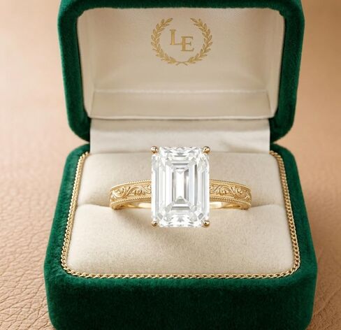 Vintage Emerald Cut Engagement Ring for Women 18K Yellow Gold Hand Engraved Floral Wedding Band Art Deco Moissanite Solitaire with Milgrain Detailing Antique Style Anniversary Jewelry Gift in Kuwait
