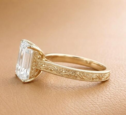 Vintage Emerald Cut Engagement Ring for Women 18K Yellow Gold Hand Engraved Floral Wedding Band Art Deco Moissanite Solitaire with Milgrain Detailing Antique Style Anniversary Jewelry Gift in Kuwait