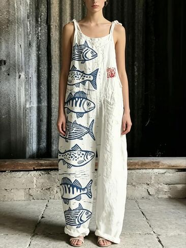 Women's Blue Fish Print Sleeveless Jumpsuit with Tie Straps and Wide Legs for Casual Nautical Wear in Kuwait